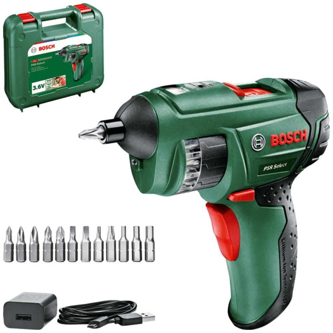 Bosch Akku-Schrauber PSR Select, mit 12 Bits, Micro-USB-Kabel, Netzgerät