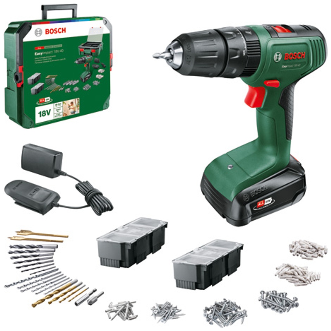 Bosch Akku-Zweigang-Schlagbohrschrauber EasyImpact 18V-40, incl. 1x Akku PBA, Ladegerät, SystemBox, 241-tlg. Zubehör