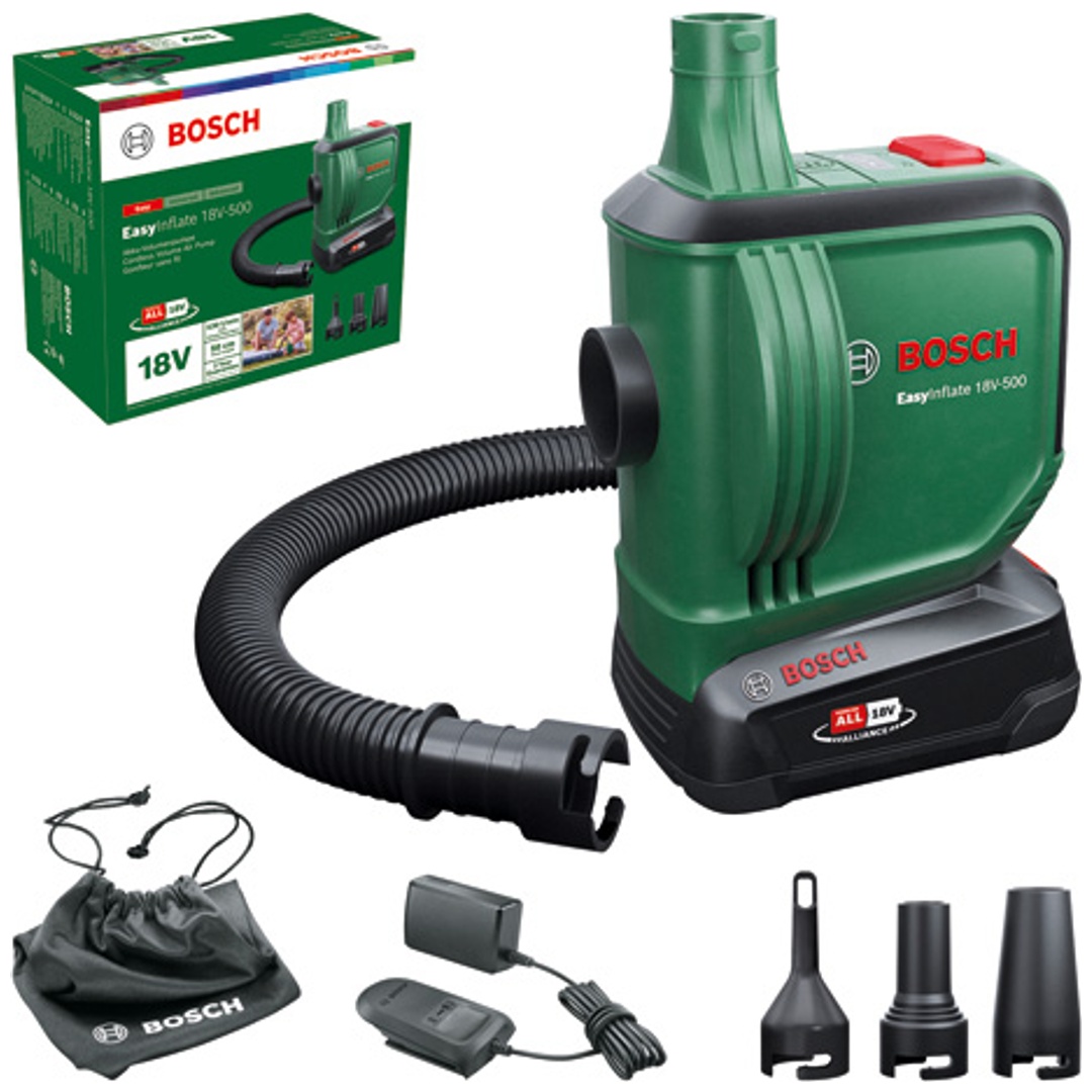 Bosch Akku-Volumenpumpe EasyInflate 18V-500, incl. 1x Akku PBA 2 Ah, Ladegerät, Zubehör, Stofftasche, Karton