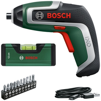 Bosch Akku-Schrauber IXO 7 Level Set, incl. Wasserwaage, Bitset, USB-Kabel, Karton