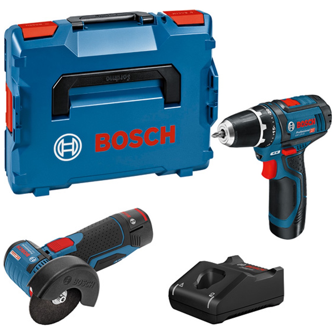 Bosch Profi Set 12V: GSR 12V-15, GWS 12V-76, 2x Akku 2 Ah, Schnellladegerät, L-BOXX