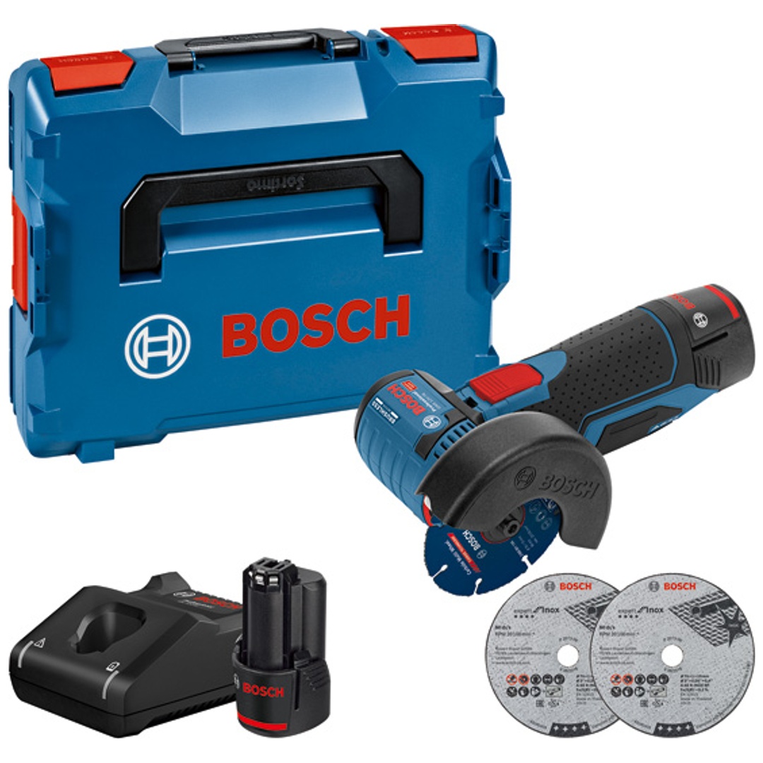 Bosch Akku-Winkelschleifer GWS 12V-76, mit 2 x 3,0 Ah Li-Ion Akku, L-BOXX mit Einlage, 3 x Trennscheibe