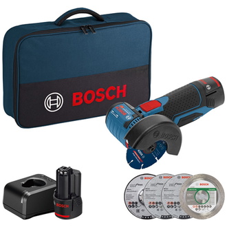 Bosch Akku-Winkelschleifer GWS 12V-76, incl. 2x Akku GBA 2 Ah, Ladegerät, Zubehör, Werkzeugtasche