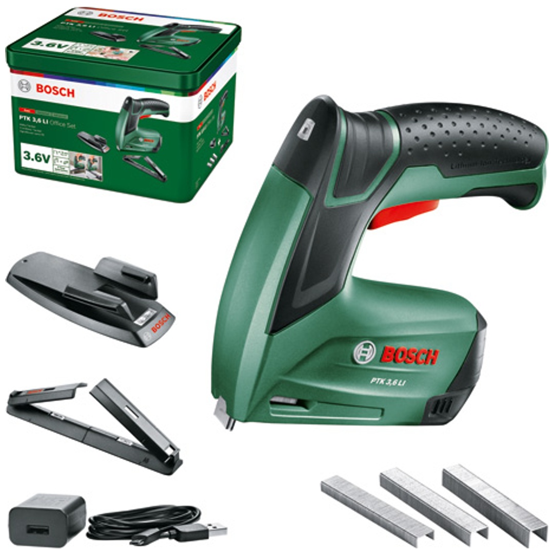 Bosch Akku-Tacker PTK 3,6 LI Office Set, incl. 3000 Klammern, Ladegerät, Zubehör, Metalldose