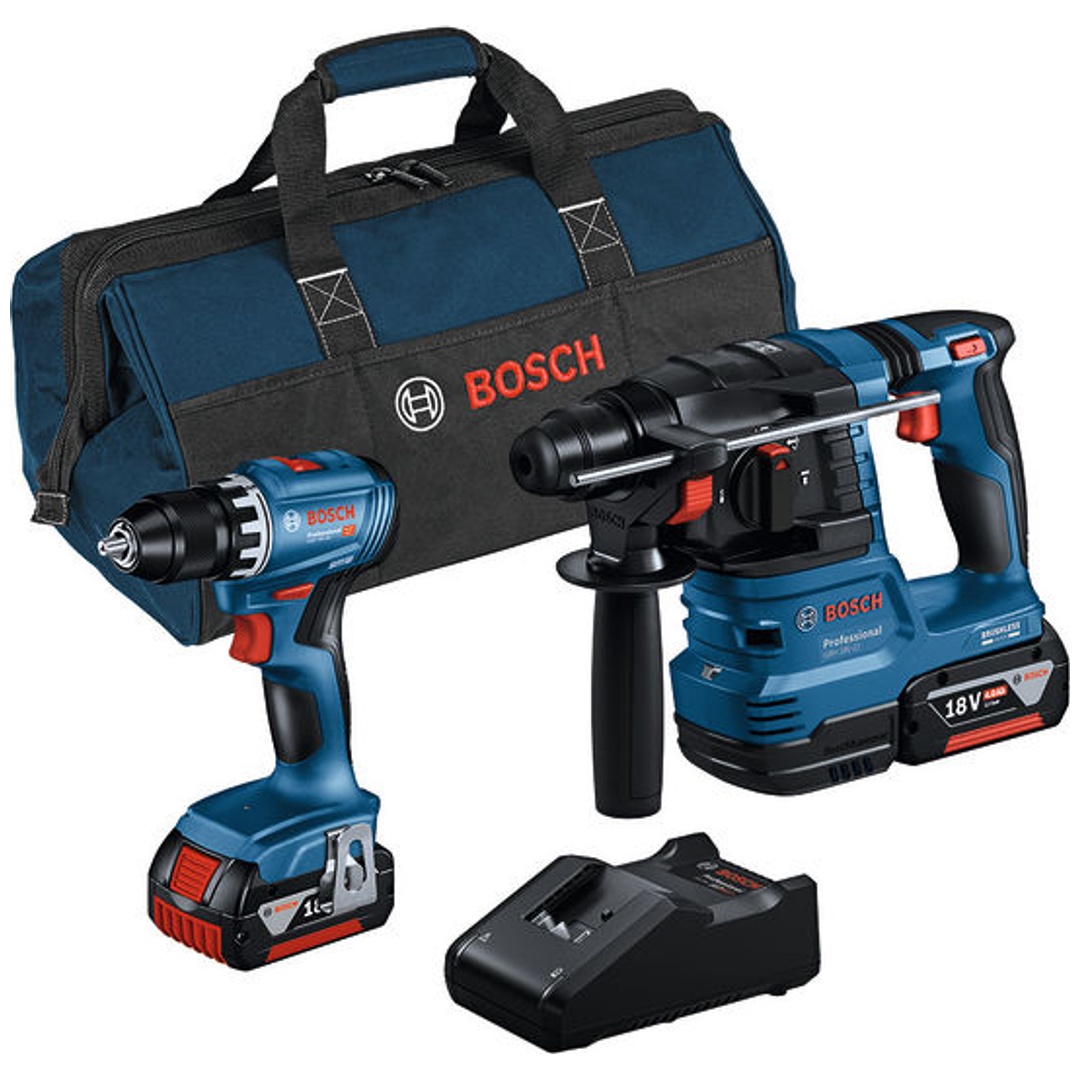 Bosch Profi Set 18V: GSR 18V-45, GBH 18V-22, 2x Akku 4 Ah, Schnellladegerät, Tasche