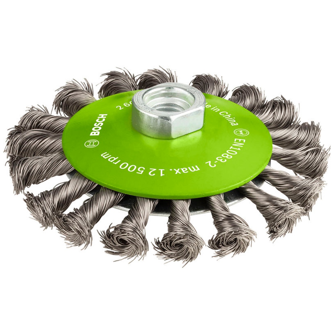 Bosch Kegelbürste, gezopfter Draht, rostfrei, 0,35 mm, 115 mm, 12500 U/min, M 14