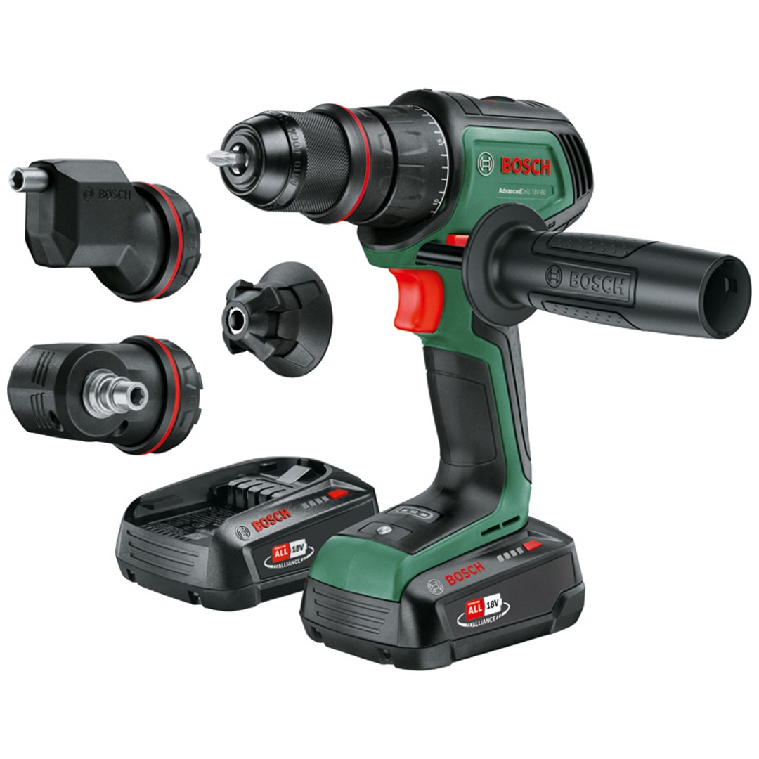 Bosch Akku-Bohrschrauber AdvancedDrill 18V-80 QuickSnap, incl. 2x Akku PBA 2,5 Ah, Ladegerät, 2x Aufsatz, Zubehör, Tragekoffer