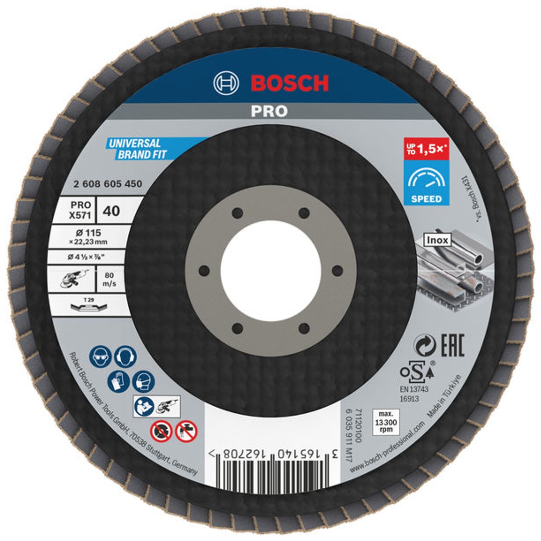Bosch Fächerschleifscheibe X571, Best for Metal, gewinkelt , 115 mm, 40, Glasgewebe