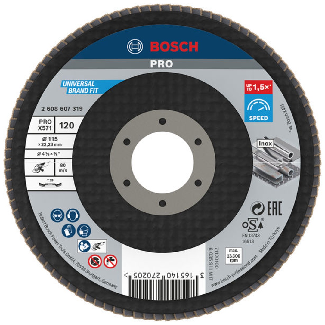 Bosch Fächerschleifscheibe X571, Best for Metal, gewinkelt , 115 mm, 120, Glasgewebe