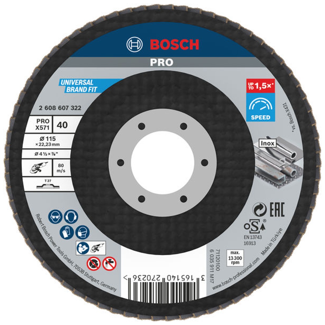 Bosch Fächerschleifscheibe X571, Best for Metal, gerade, 115 mm, 40, Glasgewebe