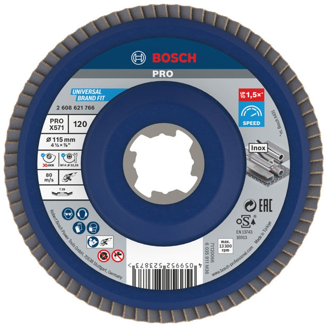 Bosch X-LOCK Fächerschleifscheibe, X571, Best for Metal, gewinkelt, Ø115 mm, G 120, 1 Stk.
