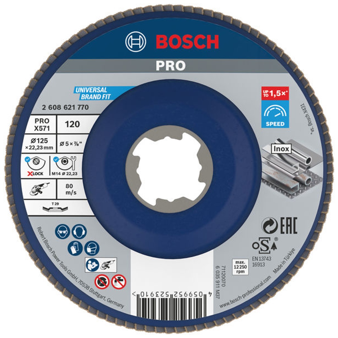 Bosch X-LOCK Fächerschleifscheibe, X571, Best for Metal, gewinkelt, Ø125 mm, G 120, 1 Stk.
