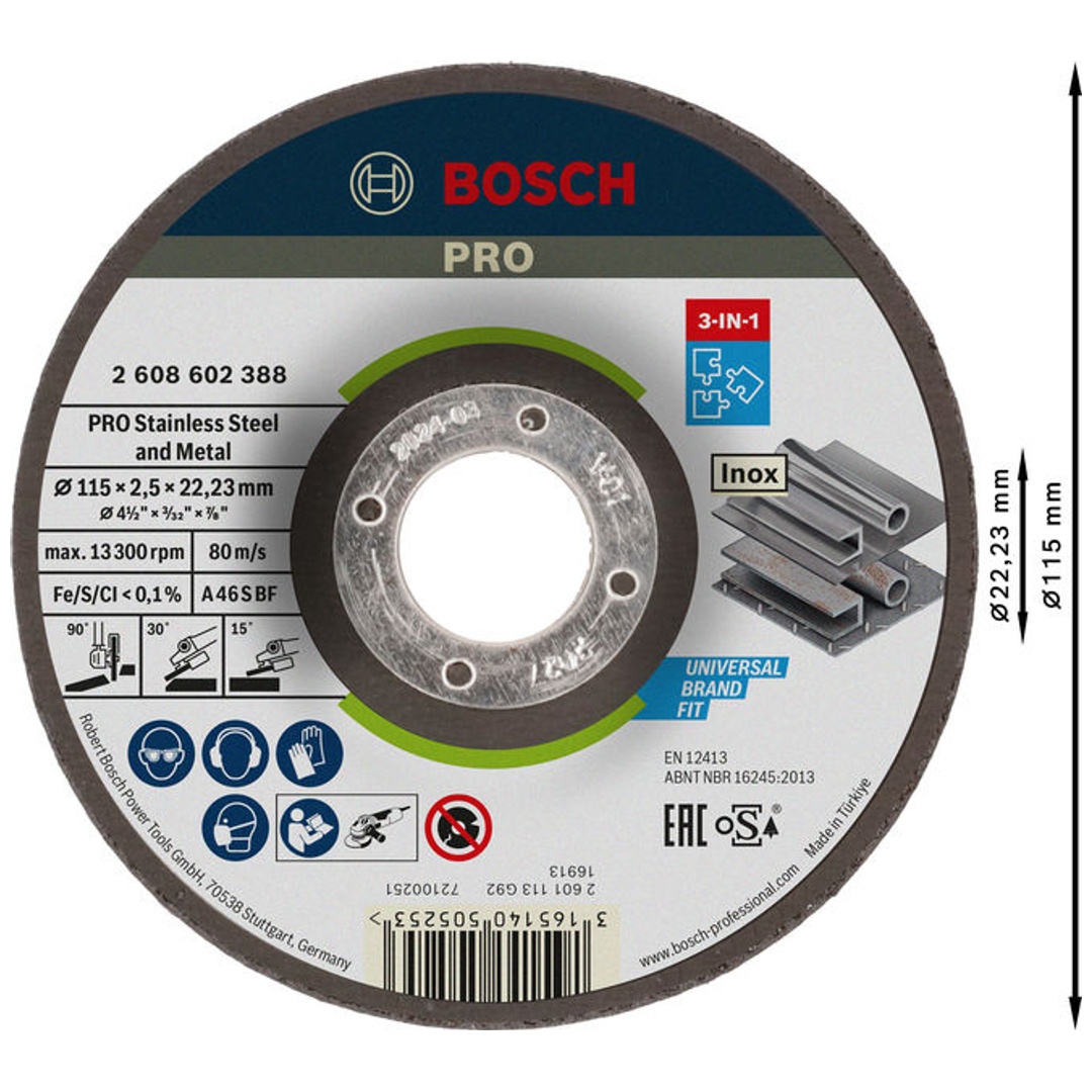 Bosch PRO Stainless Steel and Metal Gebundene 3-in-1-Disc, 115 x 2,5 x 22,23 mm
