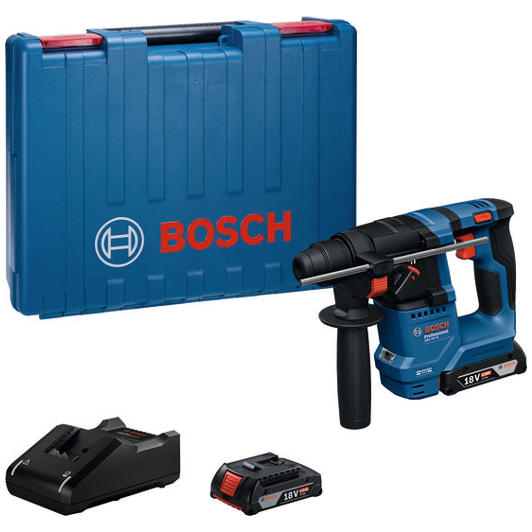 Bosch Professional Bosch Akku-Bohrhammer mit SDS plus GBH 18V-18, incl. 2x Akku GBA 2 Ah, Ladegerät, Zubehör, Handwerkerkoffer