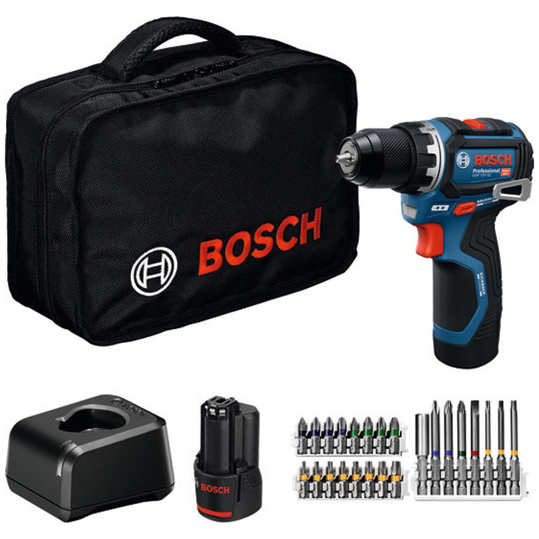 Bosch Professional Bosch Akku-Bohrschrauber GSR 12V-32, incl. 2x Akku GBA 2 Ah, Ladegerät, Zubehör-Sets, Werkzeugtasche