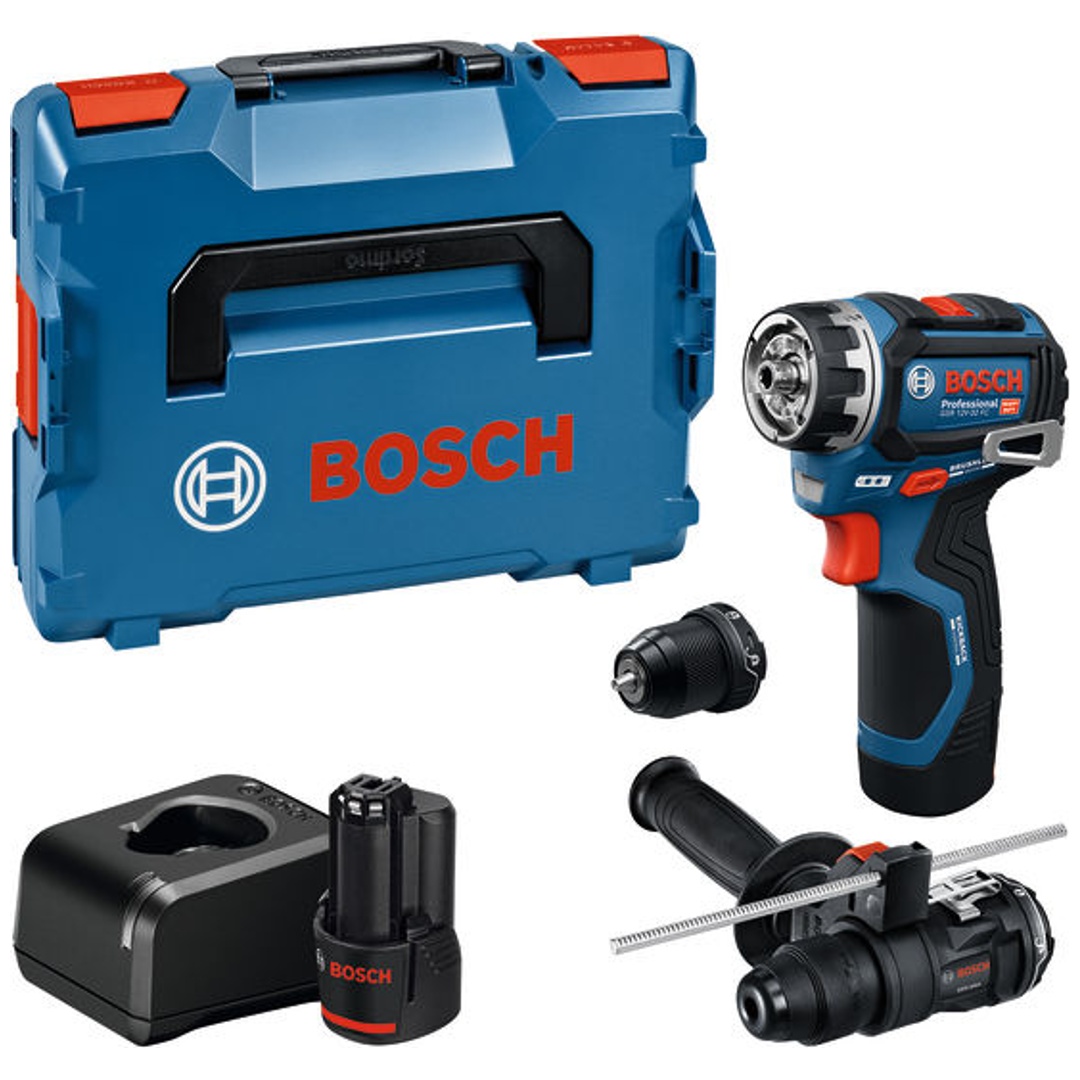 Bosch Professional Bosch Akku-Bohrschrauber GSR 12V-32 FC, incl. 2x Akku GBA 2 Ah, Ladegerät, Aufs., Zusatzhandg., Tiefenan., L-BOXX