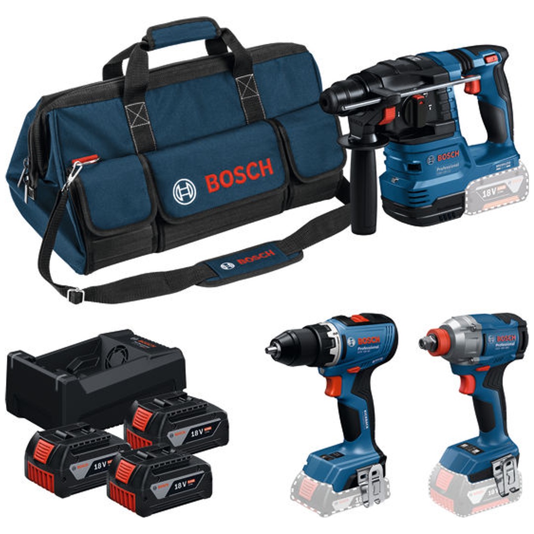 Bosch Professional Bosch Profi Set 18V: Akku-Bohrschrauber GSR 18V-65 + Akku-Drehschlagschrauber GDX 18V-285 + Akku-Bohrhammer GBH 18V-22, incl. 3x Akku 5 Ah, Schnelllad
