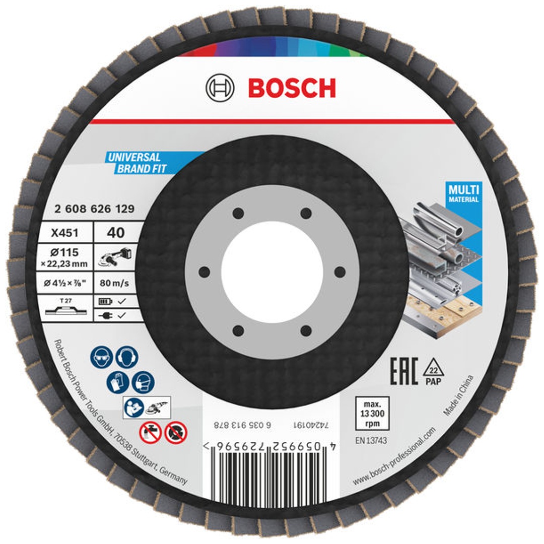 Bosch X451 Fächerschleifscheibe, 115 x 22,23 mm, K40, Z27, 60-tlg.
