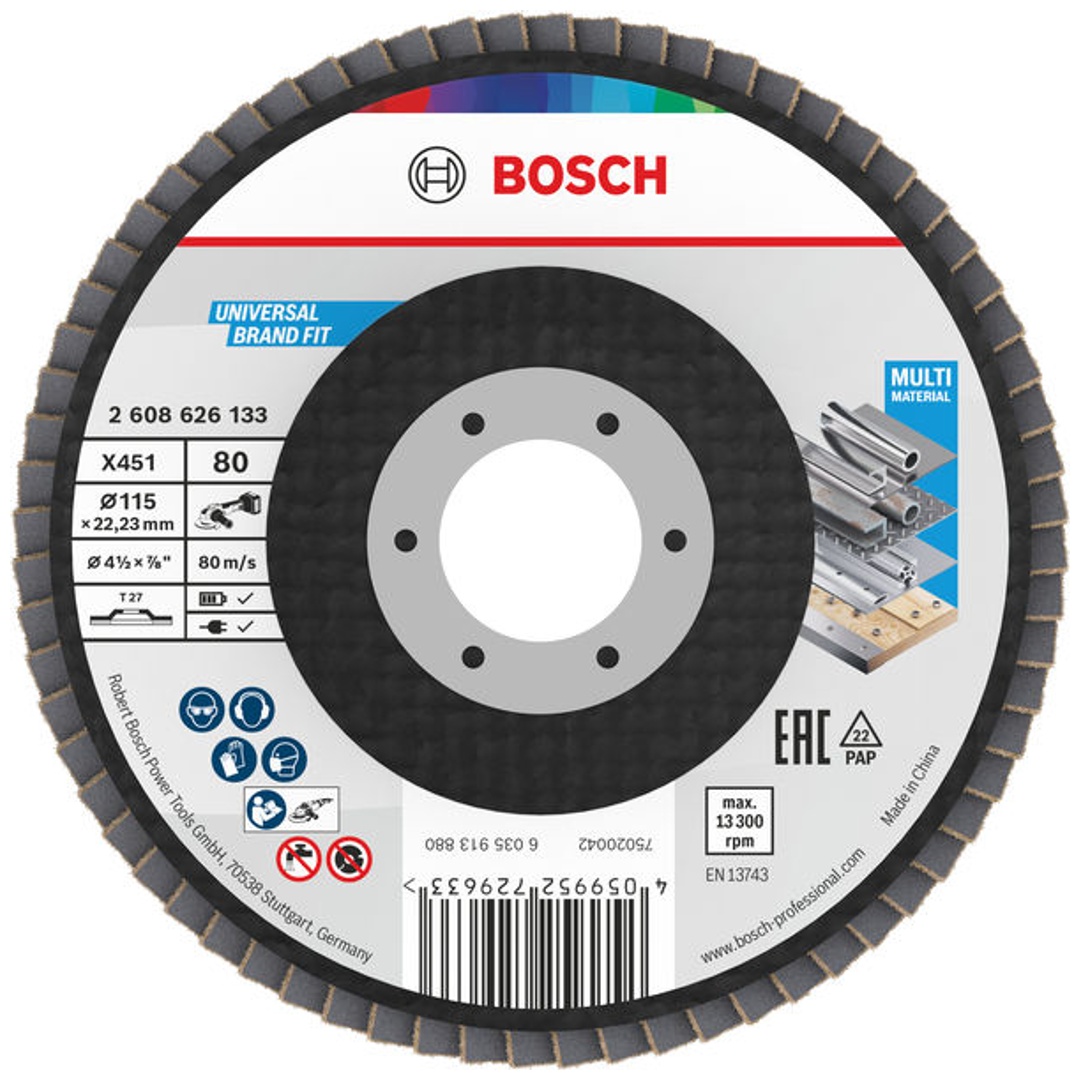 Bosch X451 Fächerschleifscheibe, 115 x 22,23 mm, K80, Z27, 60-tlg.