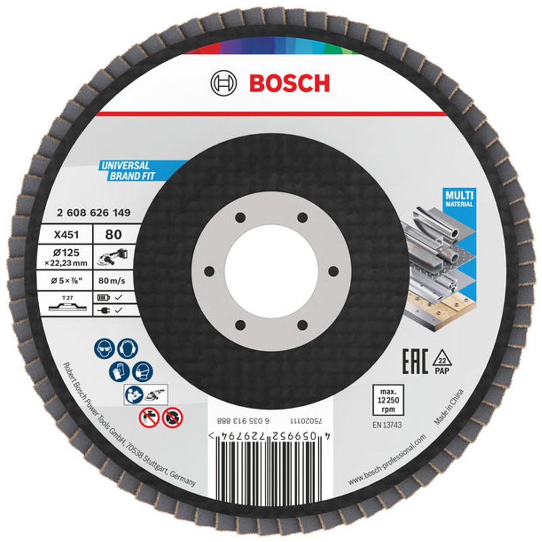 Bosch X451 Fächerschleifscheibe, 125 x 22,23 mm, K80, Z27, 60-tlg.