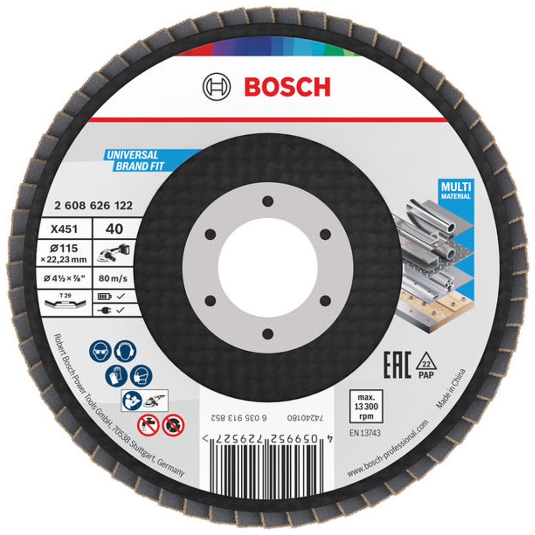 Bosch X451 Fächerschleifscheibe, 115 x 22,23 mm, K40, Z29, 15-tlg.