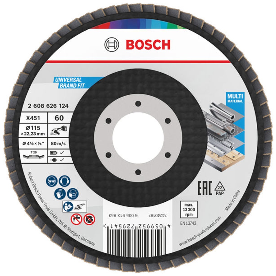 Bosch X451 Fächerschleifscheibe, 115 x 22,23 mm, K60, Z29, 15-tlg.
