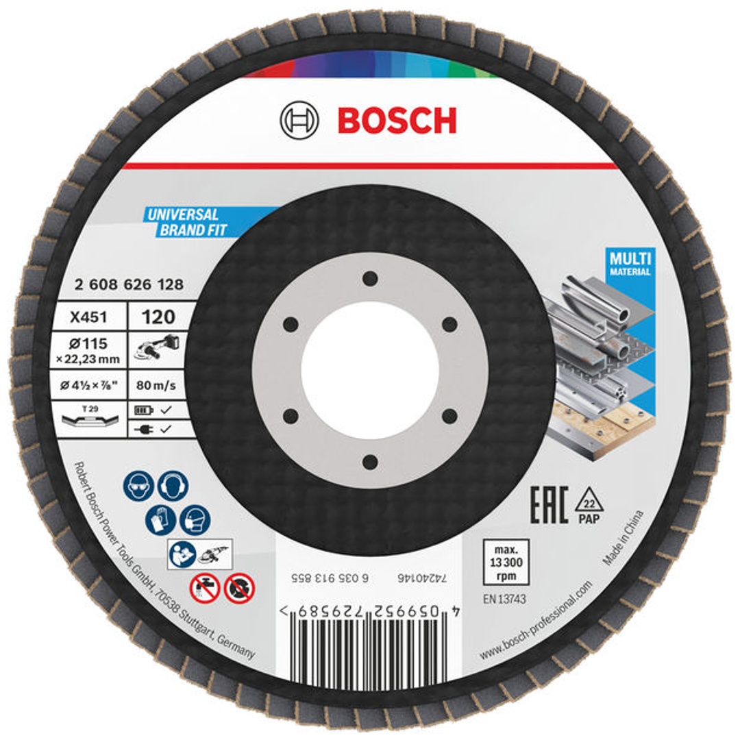 Bosch X451 Fächerschleifscheibe, 115 x 22,23 mm, K120, Z29, 15-tlg.