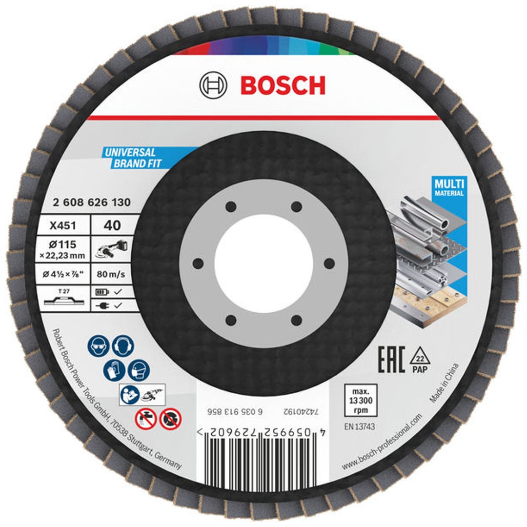 Bosch X451 Fächerschleifscheibe, 115 x 22,23 mm, K40, Z27, 15-tlg.