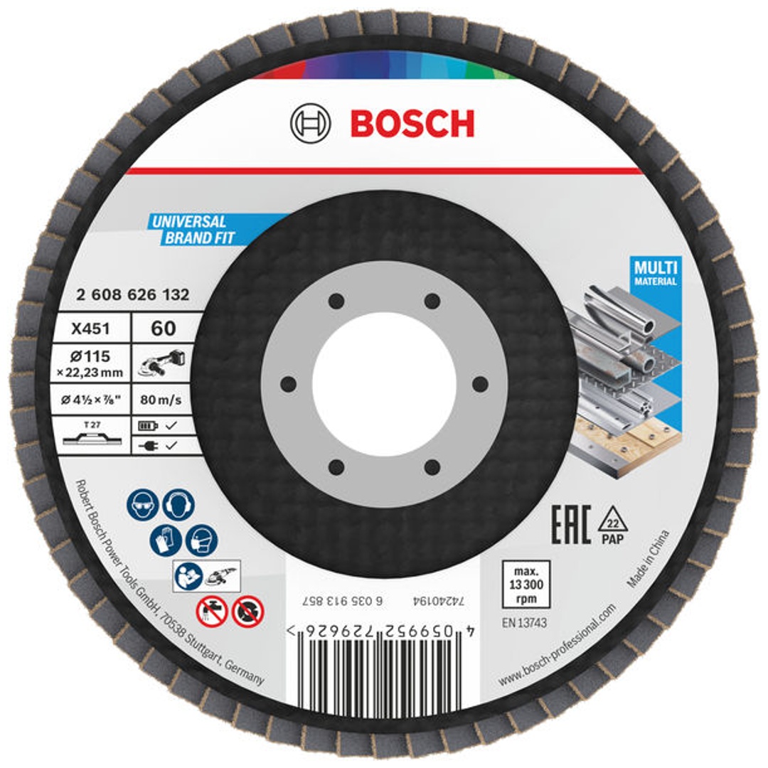 Bosch X451 Fächerschleifscheibe, 115 x 22,23 mm, K60, Z27, 15-tlg.