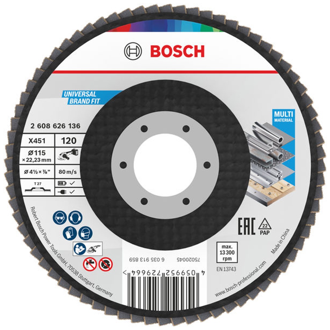 Bosch X451 Fächerschleifscheibe, 115 x 22,23 mm, K120, Z27, 15-tlg.