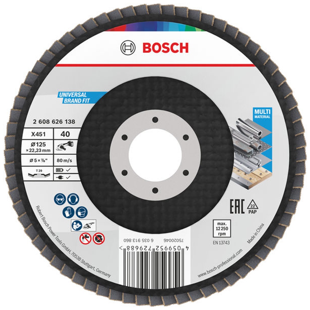 Bosch X451 Fächerschleifscheibe, 125 x 22,23 mm, K40, Z29, 15-tlg.