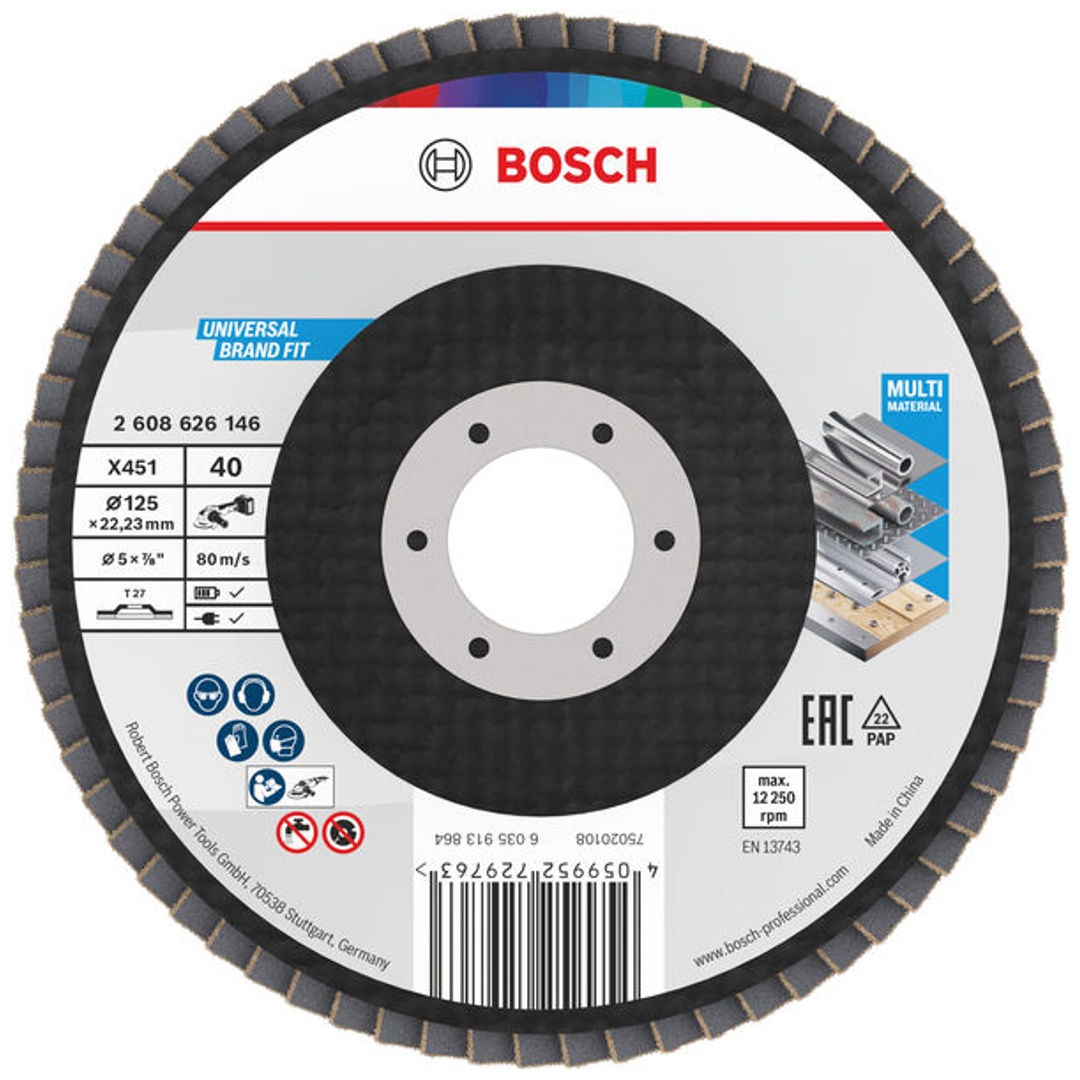 Bosch X451 Fächerschleifscheibe, 125 x 22,23 mm, K40, Z27, 15-tlg.