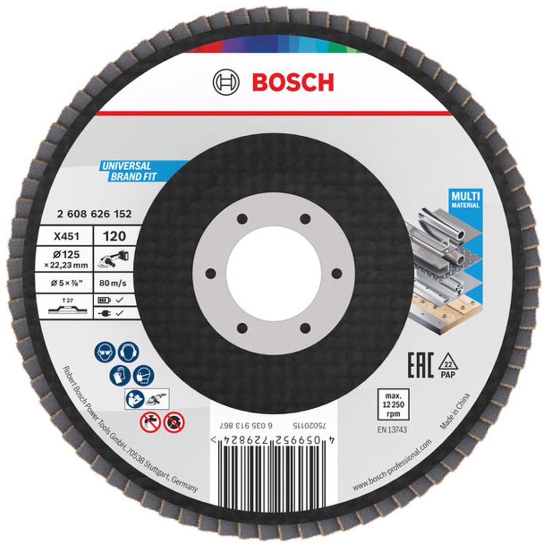 Bosch X451 Fächerschleifscheibe, 125 x 22,23 mm, K120, Z27, 15-tlg.
