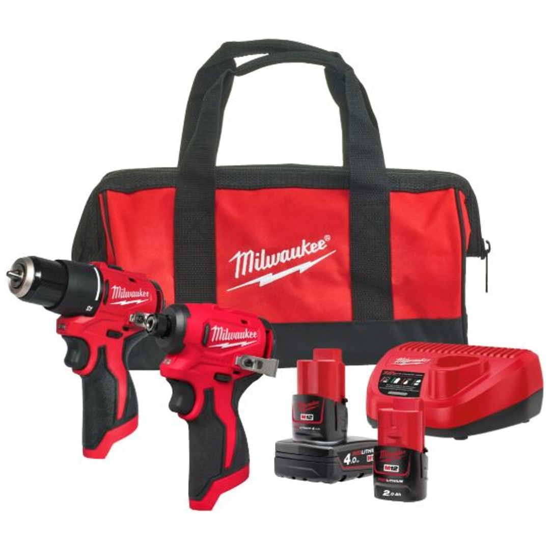 Milwaukee Akku-Maschinenset M12BLPDRC: Schlagbohrschrauber, Schlagschrauber, incl. 2x Akku 2/4 Ah, Ladegerät, Werkzeugtasche