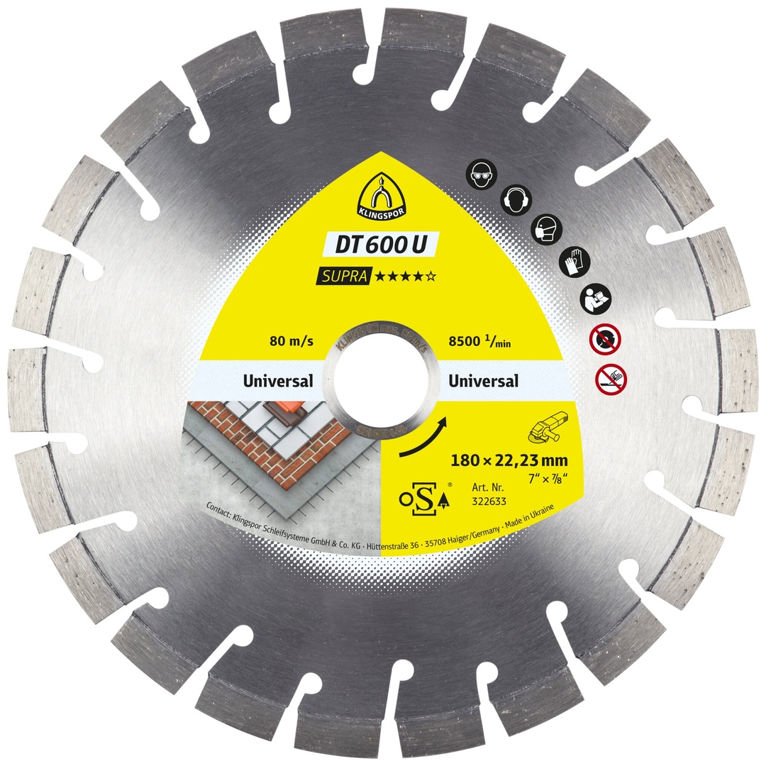 Klingspor DT 600 U Diamanttrennscheiben, 180 x 2,6 x 22,23 mm 22 Segmente 20 x 2,6 x 9 mm, Kurzverzahnung