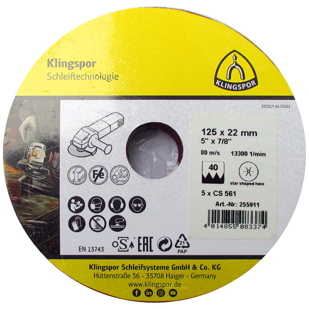 Klingspor CS 561 Fiberscheiben, 115 x 22 mm Korn 60 Sternloch, SB-verpackt in Folie