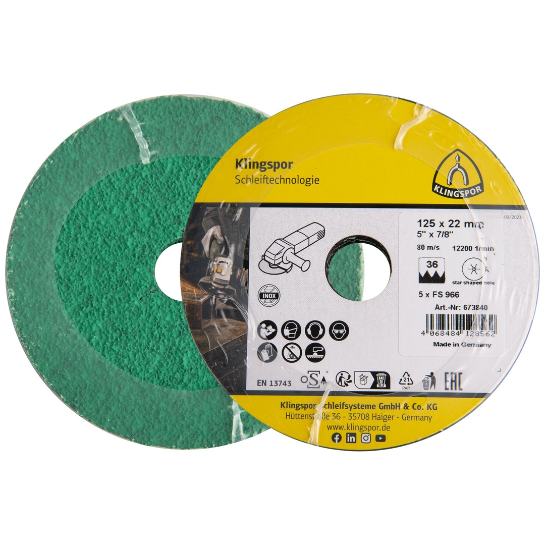 Klingspor FS 966 Fiberscheiben Multibindung Keramik, 125 x 22 mm Korn 60 Sternloch, SB-verpackt in Folie