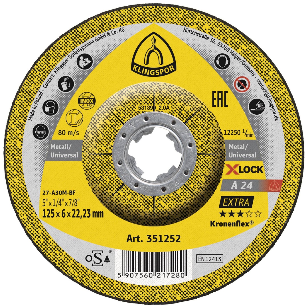 Klingspor A 24 EX Schruppscheiben X-LOCK, 125 x 6 x 22,23 mm gekröpft