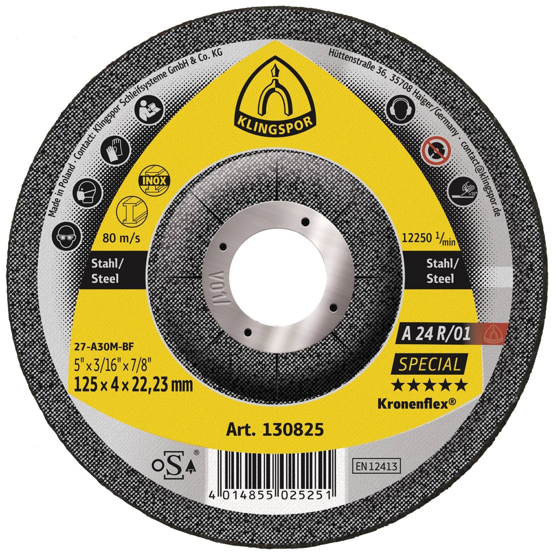 Klingspor A 24 R 01 Schruppscheiben, 125 x 4 x 22,23 mm gekröpft