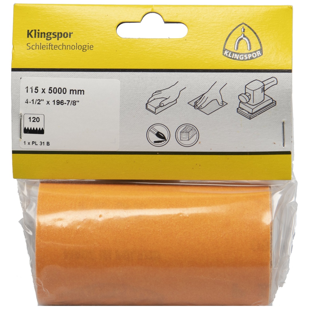 Klingspor PL 31 B Rollen, 115 x 5000 mm Korn 120, SB-verpackt in Folie