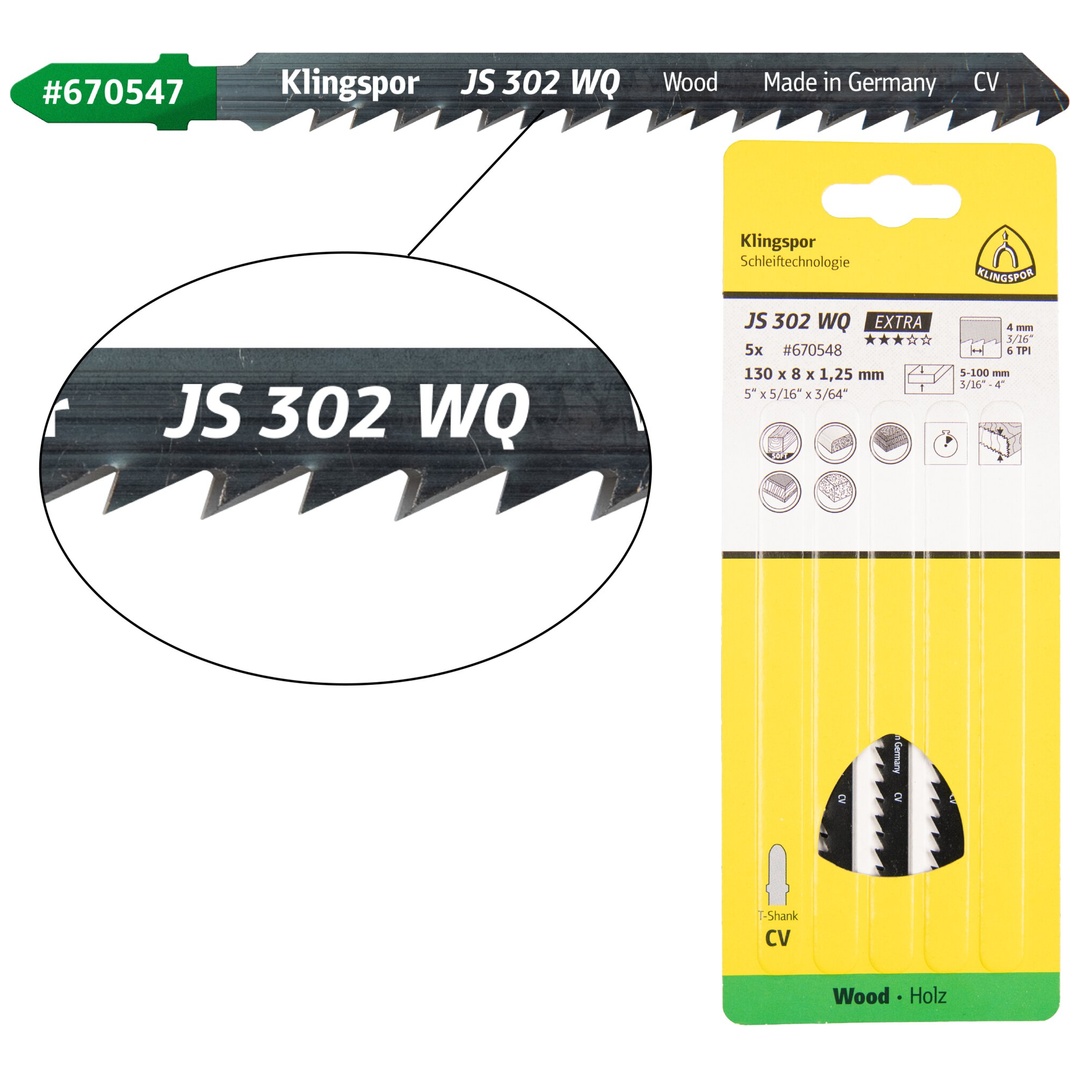 Klingspor JS 302 WQ Stichsägeblätter, 130 x 8 x 1,25 mm Nutzlänge 110Crom-Vanadium, kreuzgeschliffen, geschränkt , 6 Zähne pro Zoll, SB-verpackt im Ka
