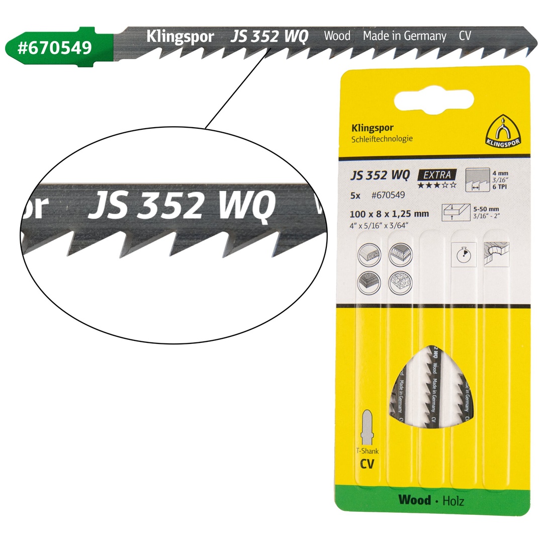 Klingspor JS 352 WQ Stichsägeblätter, 100 x 8 x 1,25 mm Nutzlänge 75Crom-Vanadium, kreuzgeschliffen, geschränkt , 6 Zähne pro Zoll, SB-verpackt im Kar