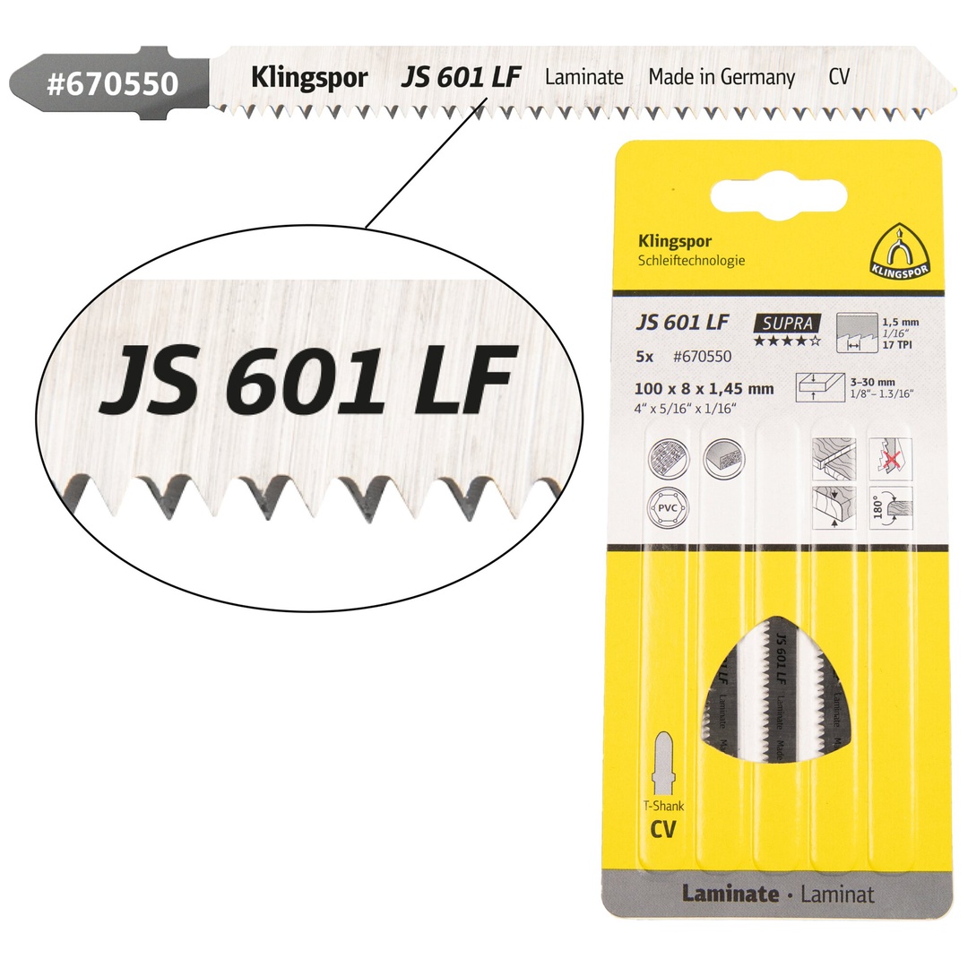 Klingspor JS 601 LF Stichsägeblätter, 100 x 8 x 1,45 mm Nutzlänge 75Crom-Vanadium, kreuzgeschliffen, konisch , 17 Zähne pro Zoll, SB-verpackt im Karto