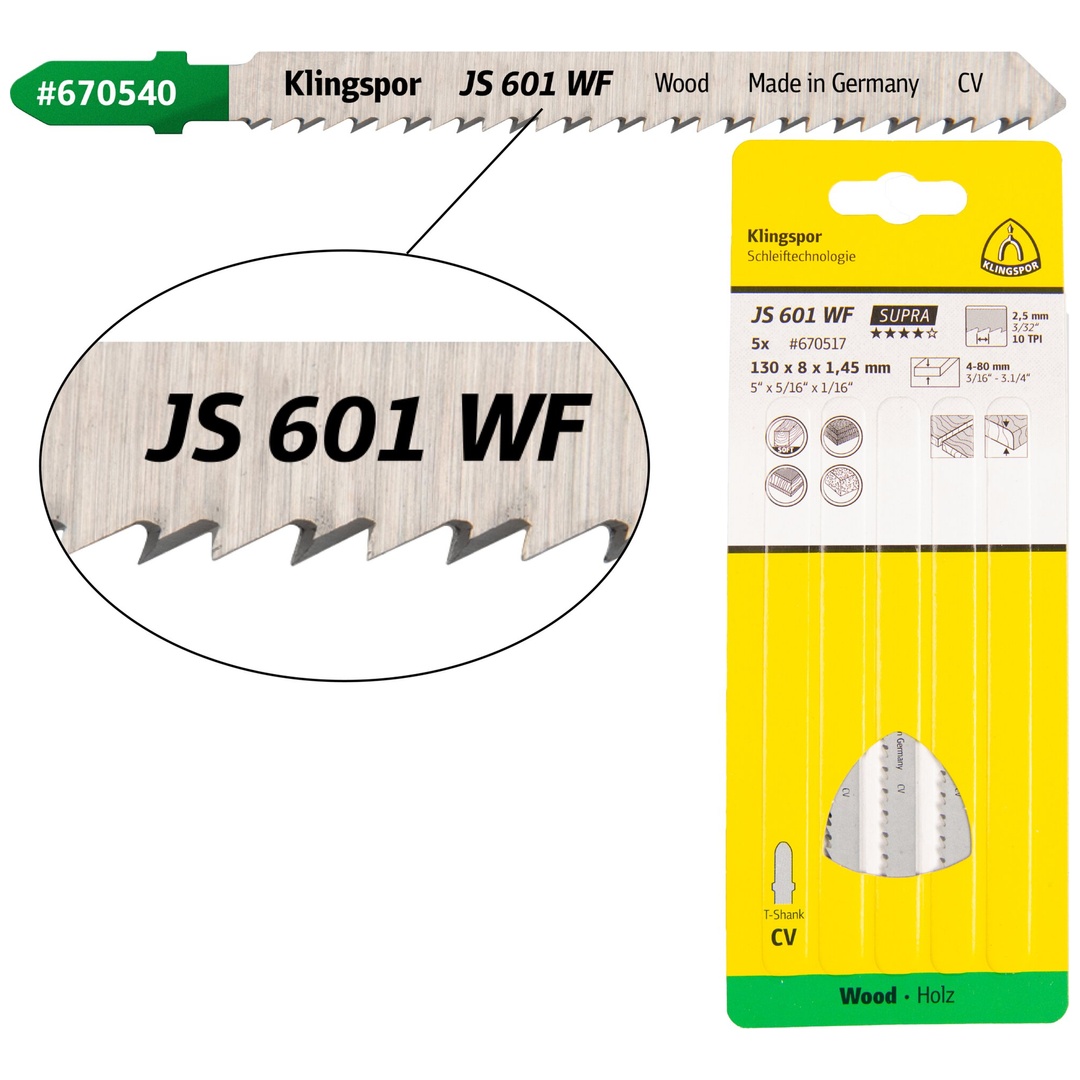 Klingspor JS 601 WF Stichsägeblätter, 100 x 8 x 1,45 mm Nutzlänge 75Crom-Vanadium, kreuzgeschliffen, konisch , 10 Zähne pro Zoll, SB-verpackt im Karto