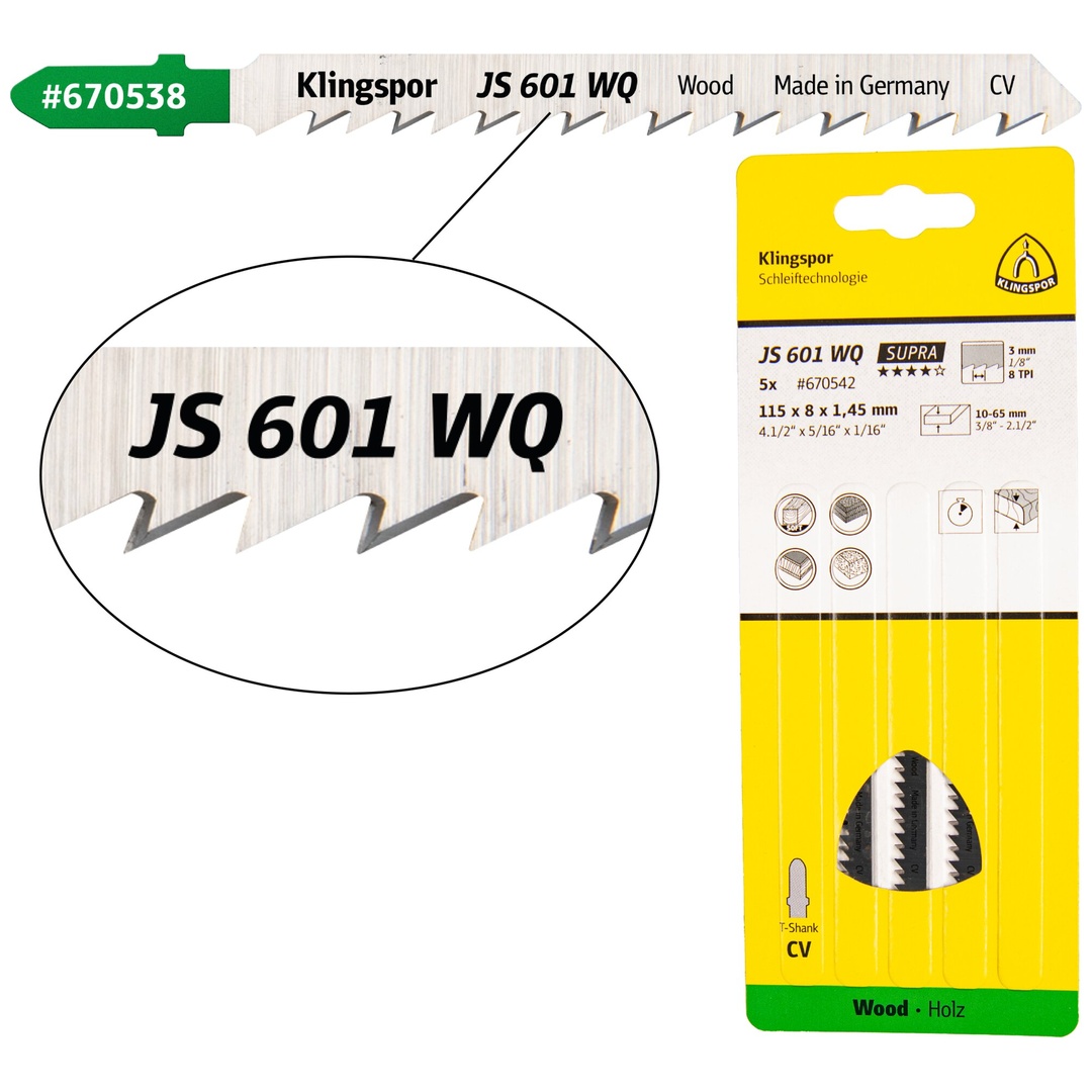 Klingspor JS 601 WQ Stichsägeblätter, 100 x 8 x 1,45 mm Nutzlänge 75Crom-Vanadium, kreuzgeschliffen, konisch , 6 Zähne pro Zoll, SB-verpackt im Karton