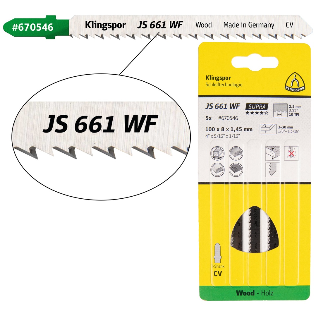 Klingspor JS 661 WF Stichsägeblätter, 100 x 8 x 1,45 mm Nutzlänge 75Crom-Vanadium, kreuzgeschliffen, konisch , 10 Zähne pro Zoll, SB-verpackt im Karto