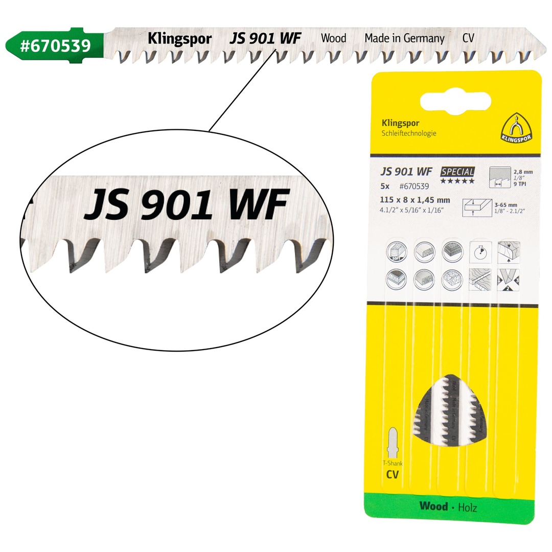 Klingspor JS 901 WF Stichsägeblätter, 115 x 8 x 1,45 mm Nutzlänge 90Crom-Vanadium, kreuzgeschliffen, konisch , 9 Zähne pro Zoll, SB-verpackt im Karton