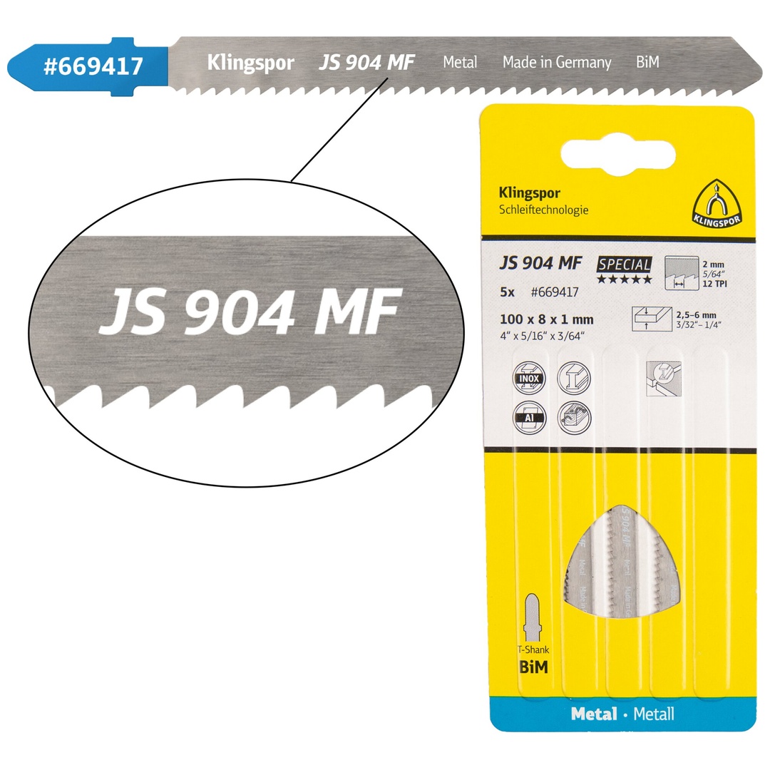 Klingspor JS 904 MF Stichsägeblätter, 100 x 8 x 1 mm Nutzlänge 75Bi-Metall, gefräst, gewellt , 12 Zähne pro Zoll, SB-verpackt im Karton