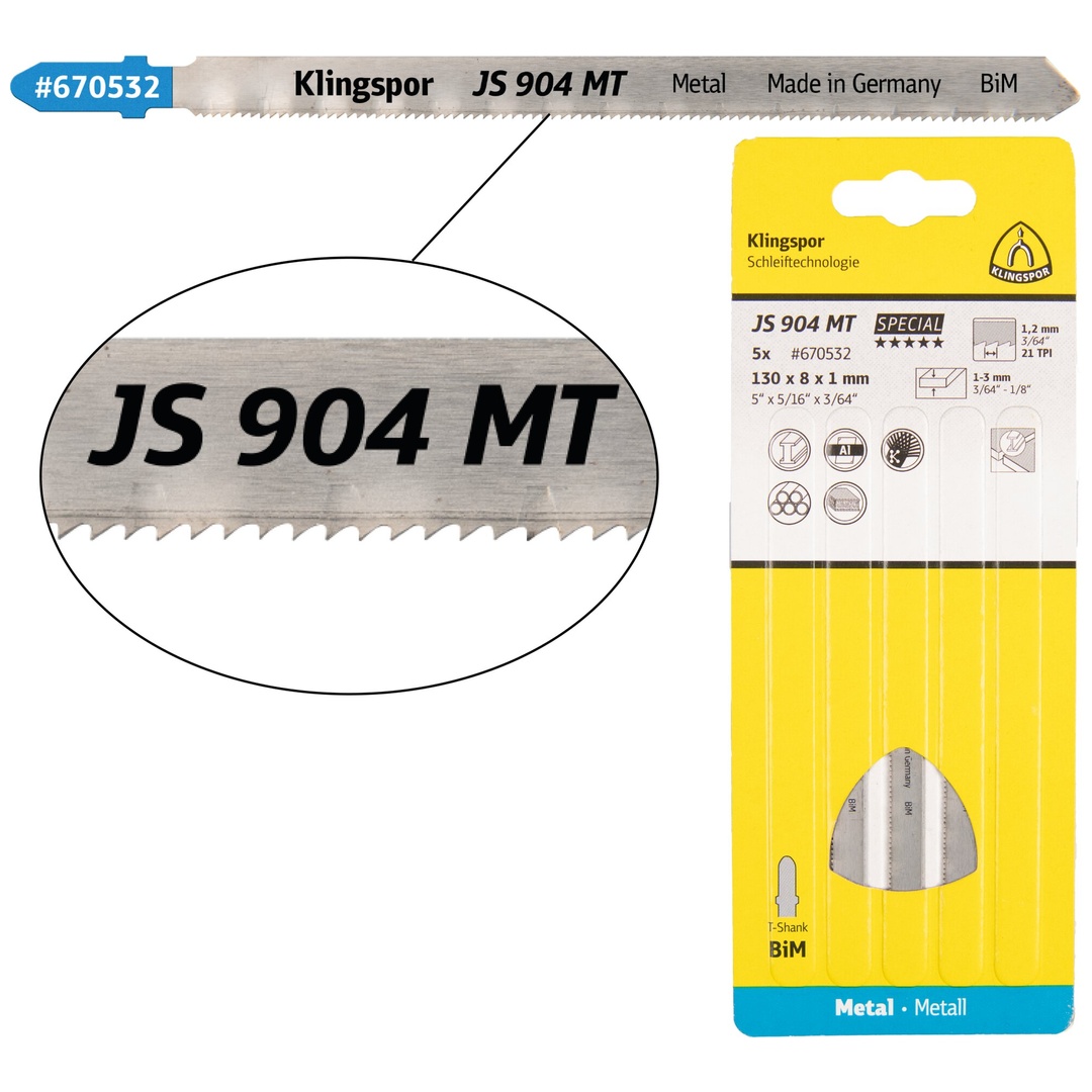Klingspor JS 904 MT Stichsägeblätter, 130 x 8 x 1 mm Nutzlänge 110Bi-Metall, gefräst, gewellt , 21 Zähne pro Zoll, SB-verpackt im Karton