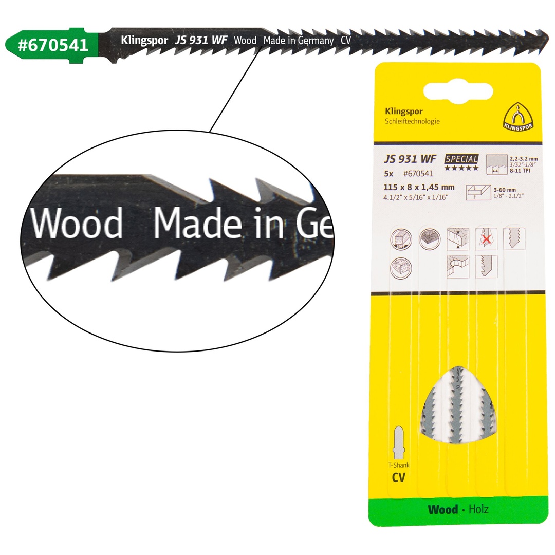 Klingspor JS 931 WF Stichsägeblätter, 115 x 5 x 1,45 mm Nutzlänge 95Crom-Vanadium, kreuzgeschliffen, konisch , 8-11 Zähne pro Zoll, SB-verpackt im Kar